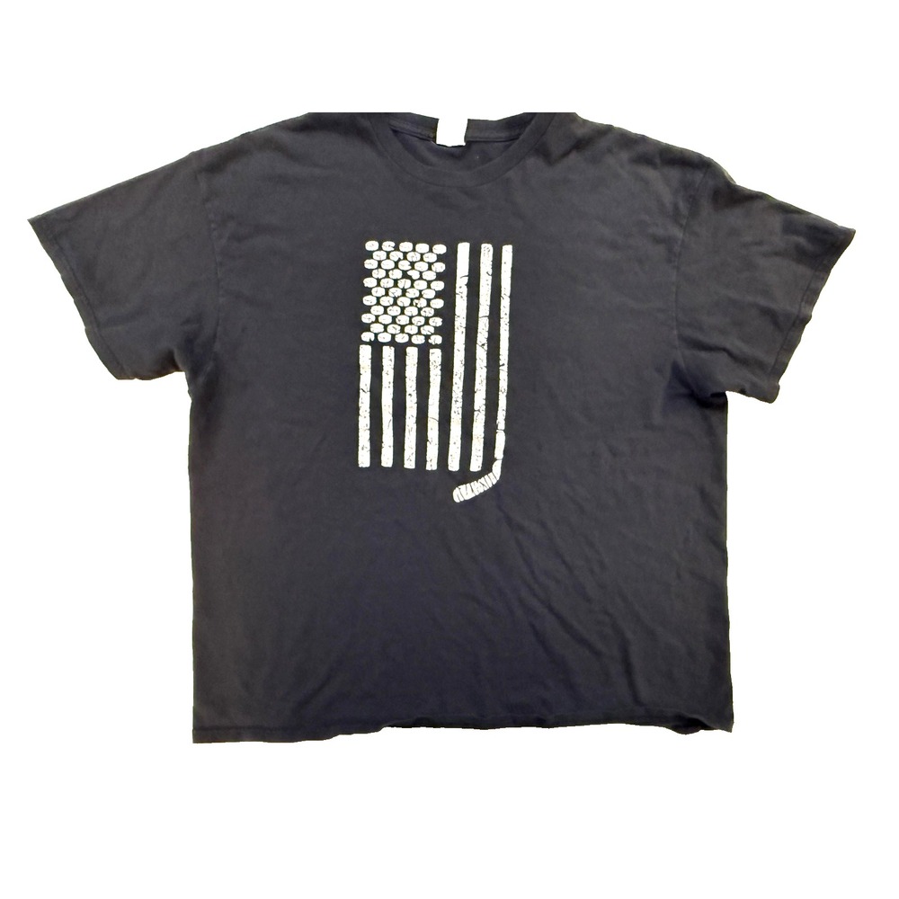 Vintage‎ Distressed American Flag Hockey Stick Graphic T-Shirt USA Patriotic Y2K